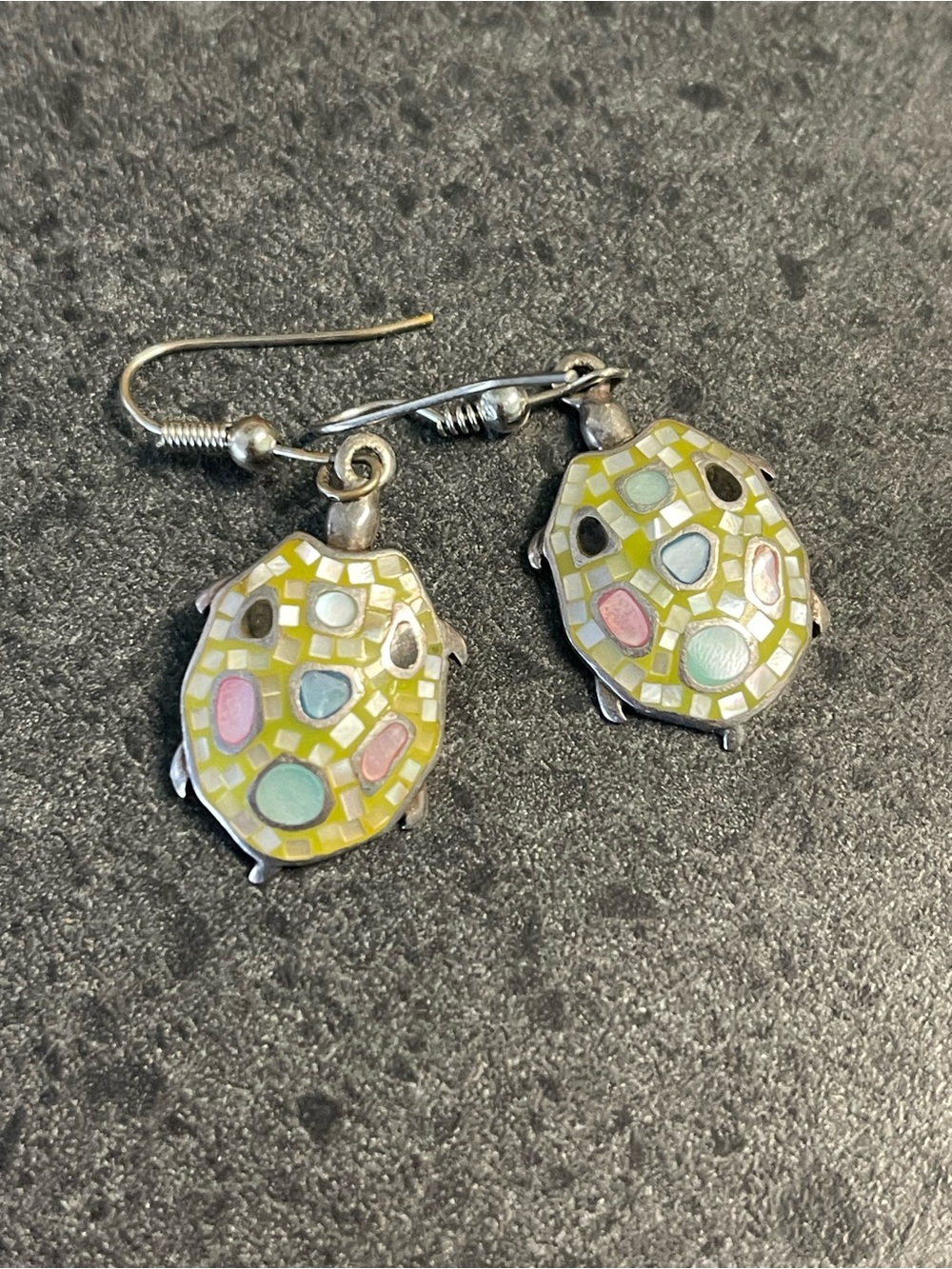 Sterling Silver Turtle Mosaic Drop Earrings in Pastel Yellow